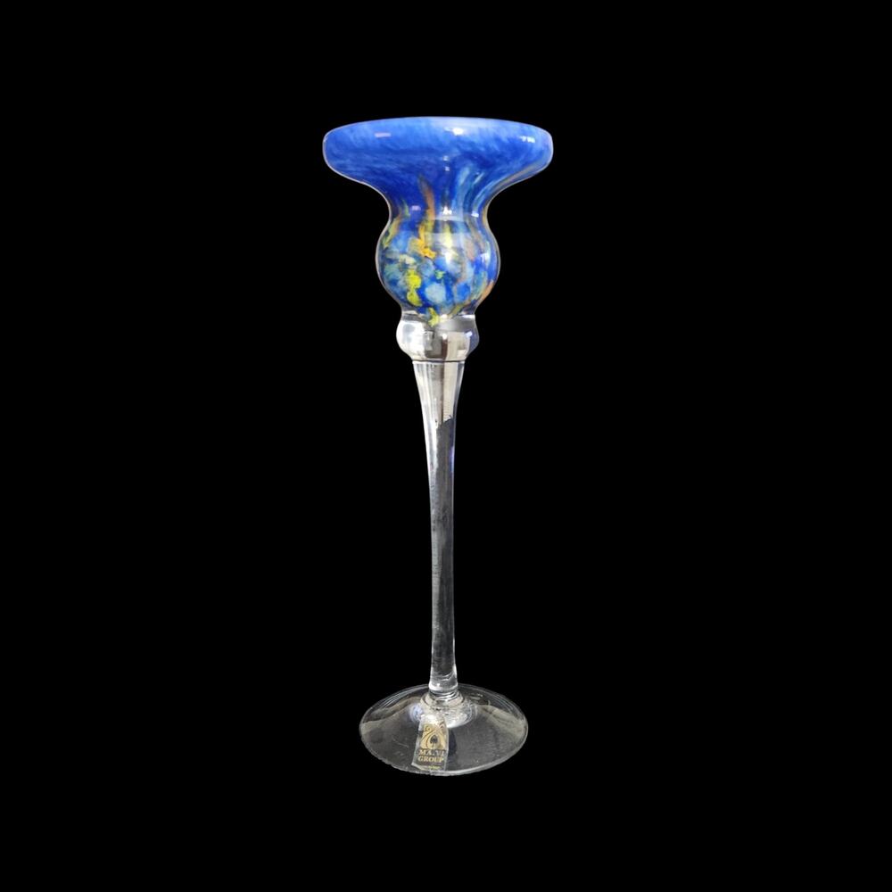 MA.VI Group Italian Art Glass Blue Swirl Bud Vase Candle Holder 10.5"